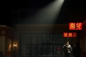 雪落无声雨夜长镜头画面，路灯下被雨打湿的街道